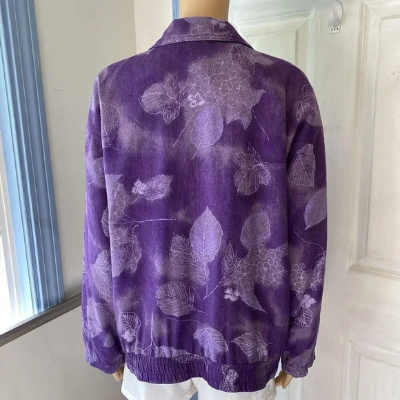 VTG CA Sport 100% Silk Full Zip Jacket Womens M Leaf Floral Pocket Purple - Picture 9 of 9